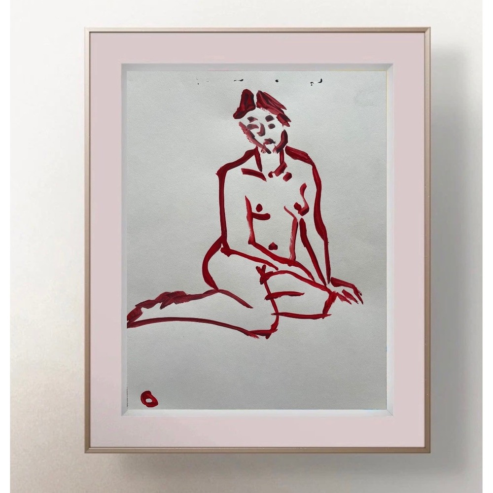 Oman Red Nude Woman Seated Portrait Painting Original Neo Expressionist 8.5x11